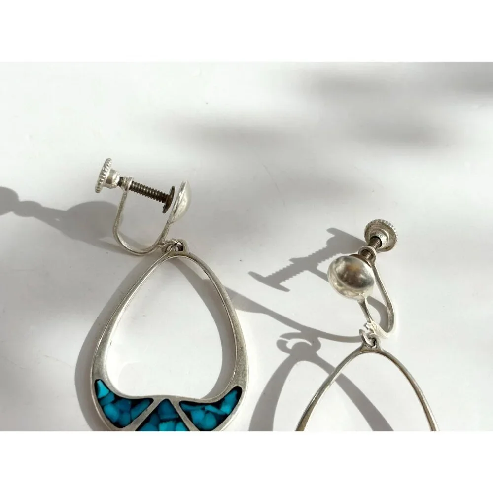 Teardrop Hoop Turquoise Screw Back SW Vintage Sterling Silver 925 Earrings